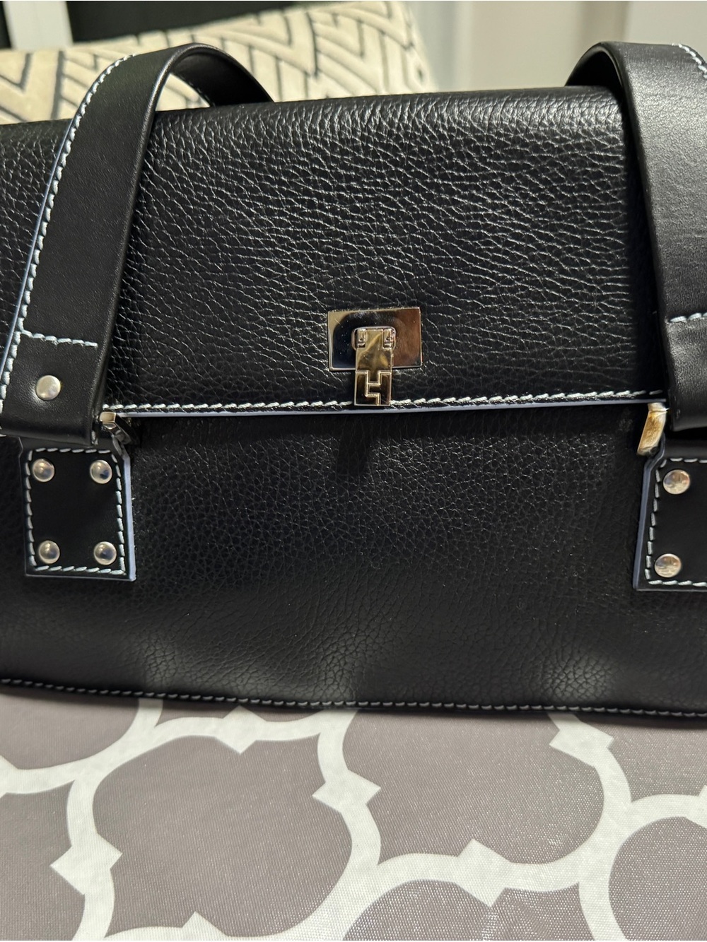 Black Leather Satchel with White Contrast Stitching
